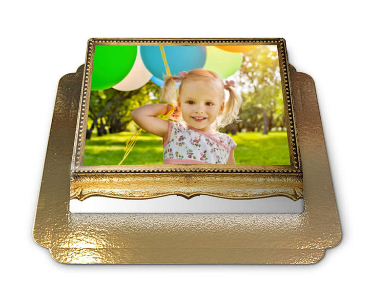 Photo cake with a golden wooden frame