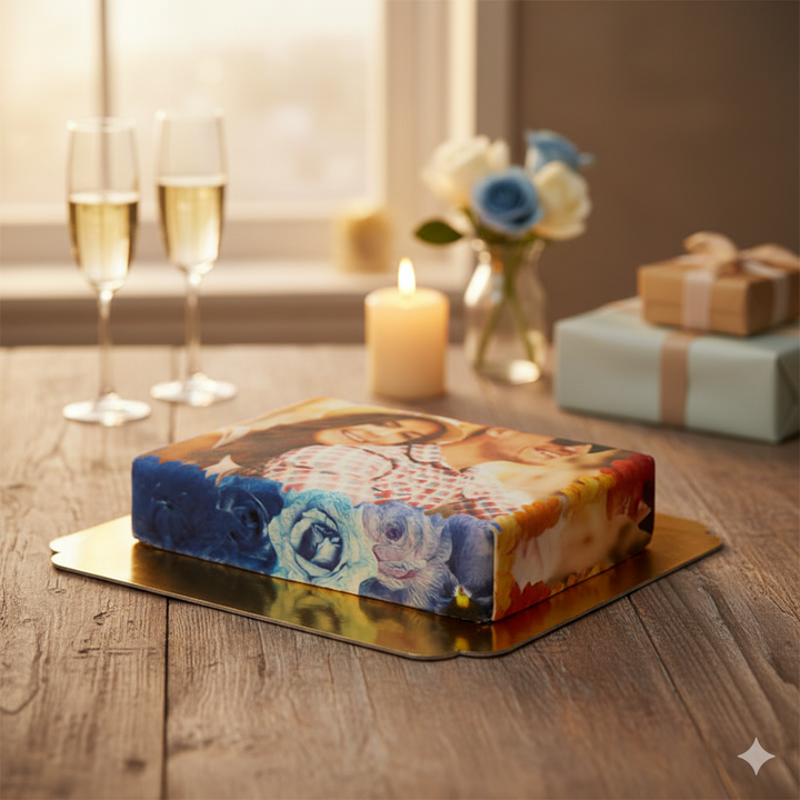 Photo cake in a colourful floral frame