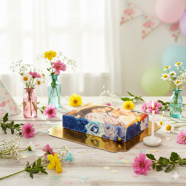 Photo cake in a colourful floral frame