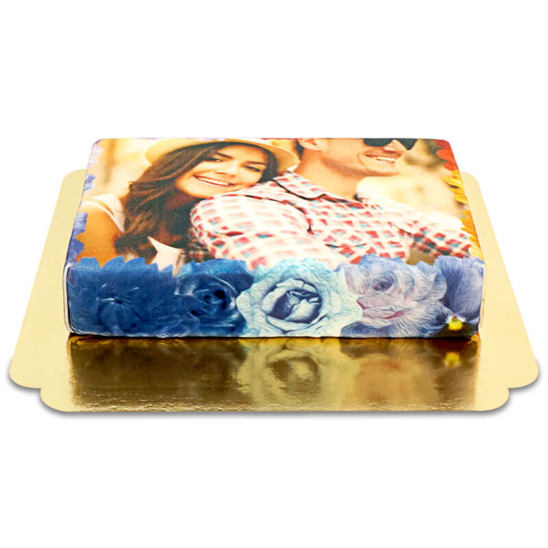 Photo cake in a colourful floral frame