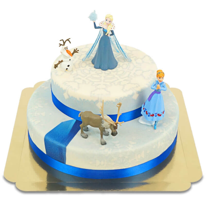 Frozen® Elsa, Anna & Olaf figures on a 2-tier snowflake cake