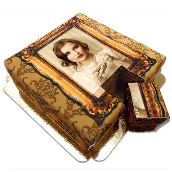 Deluxe photo cake with gold frame as a chocolate cake