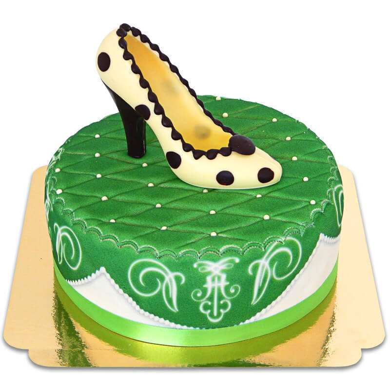 Green Deluxe Cake with Chocolate Shoe and Ribbon