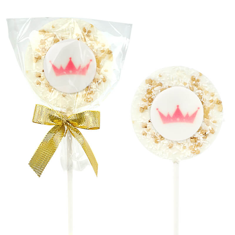 White lollipops with almond brittle and coconut flakes with logo (10 pieces)