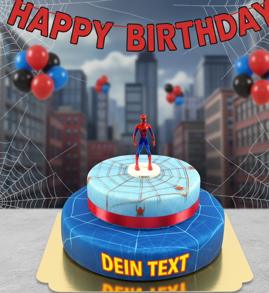 Spider-Man® on a two-tier spider’s web cake with ribbon