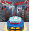 Spider-Man® on a two-tier spider’s web cake with ribbon
