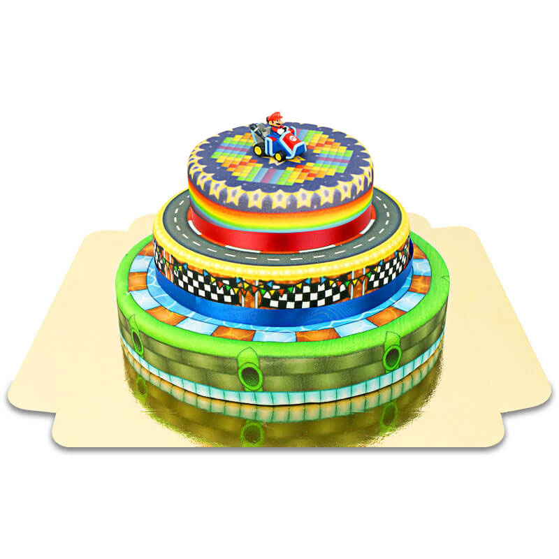 Mario Kart® on a three-tier World Circuit cake