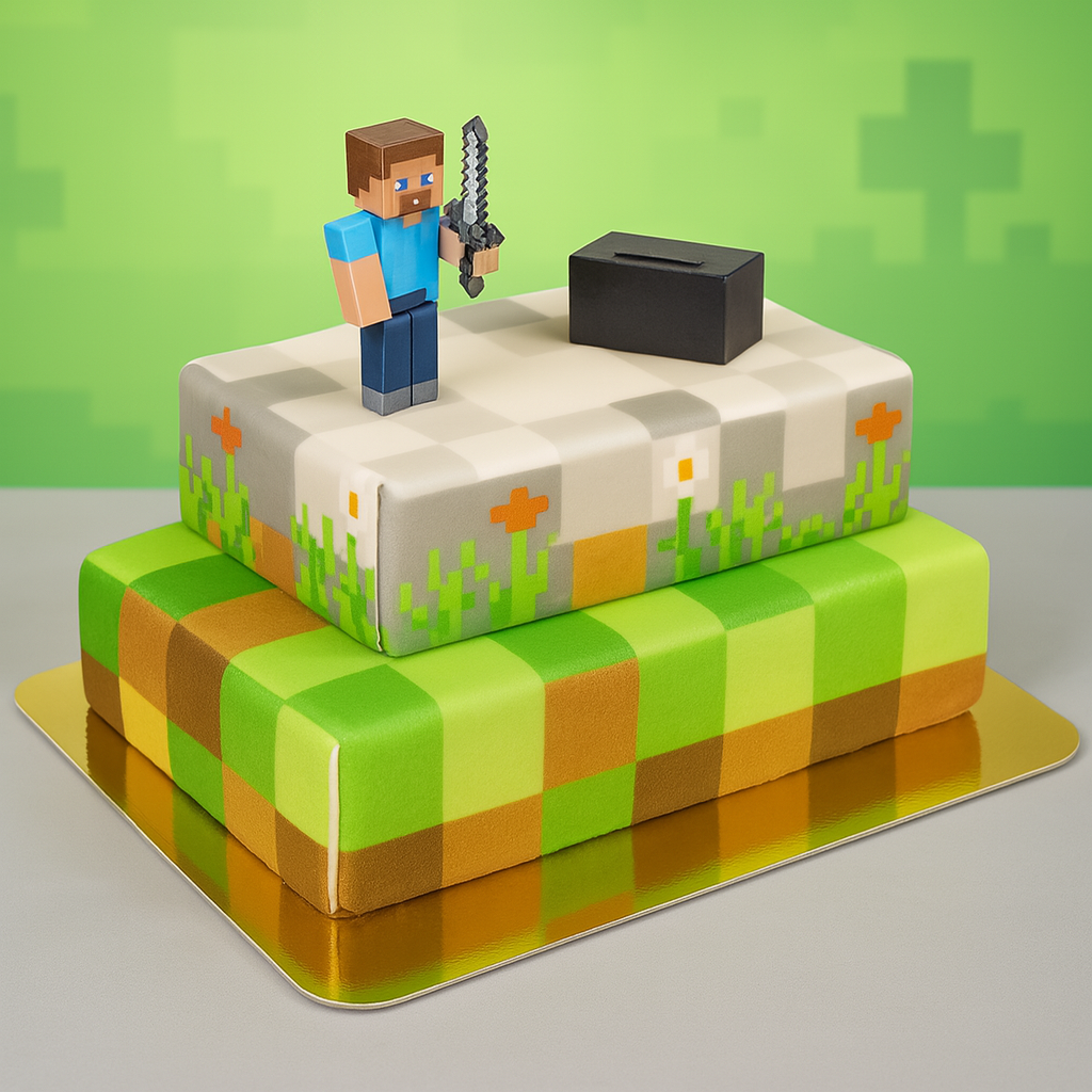 Minecraft® figure on a two-tier game world cake