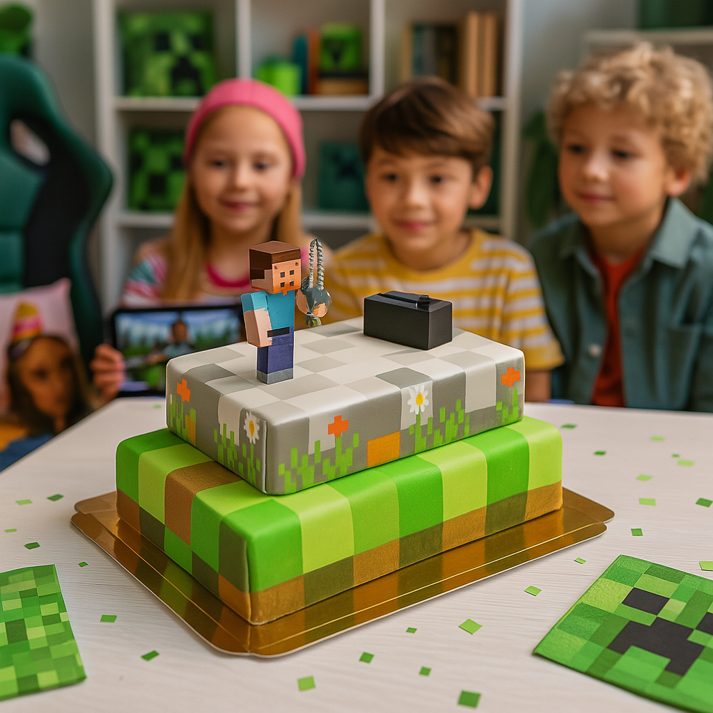 Minecraft® figure on a two-tier game world cake