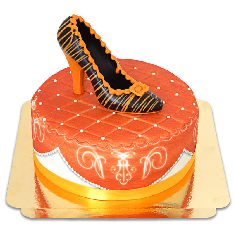 Orange Deluxe Cake with Chocolate Shoe and Ribbon