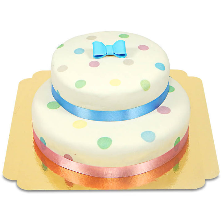 White cake with pastel-coloured dots