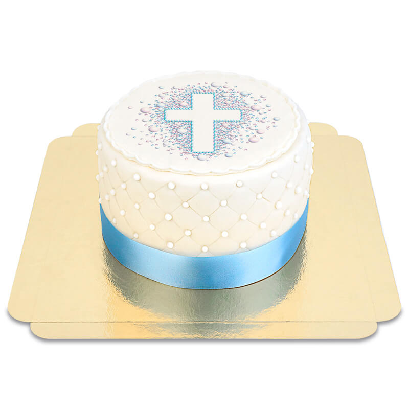 Blue Deluxe Beaded Cake with Cross