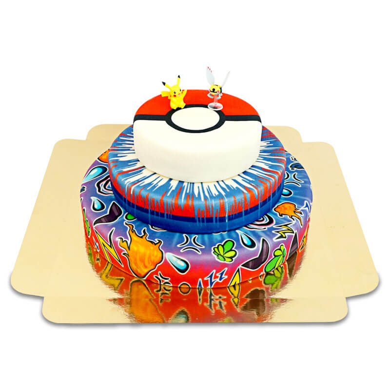 Pokémon® figure on a 3-tier Poké Ball cake