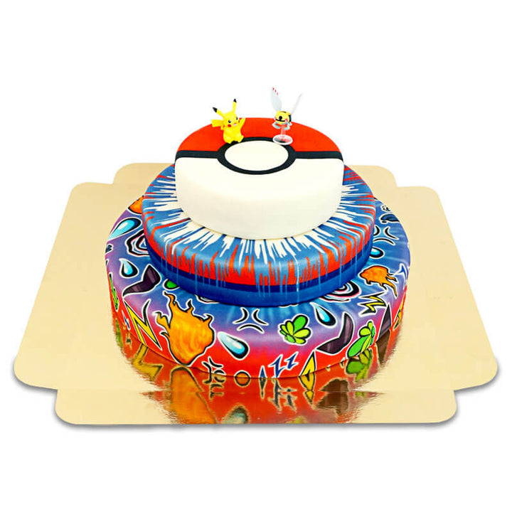 Pokémon® figure on a 3-tier Poké Ball cake