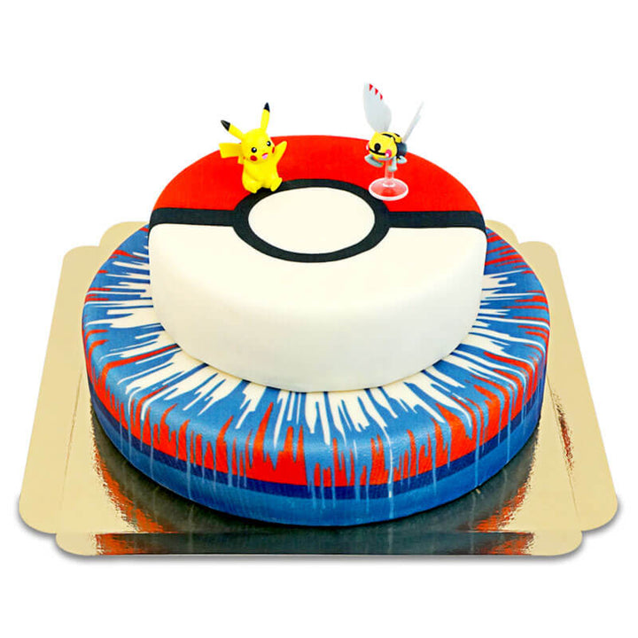 Pokémon® figure on a two-tier Poké Ball cake