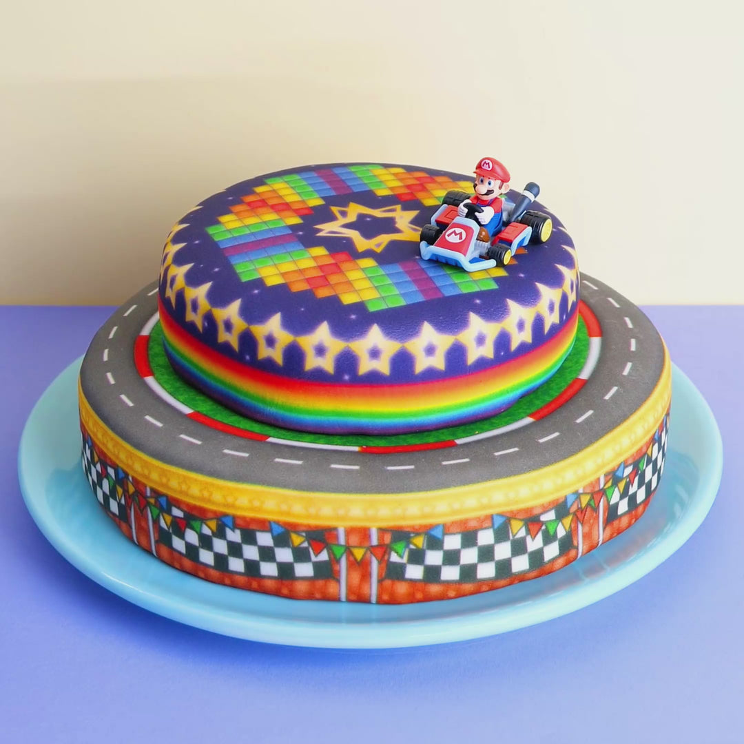 Mario Kart® on a two-tier World Circuit cake