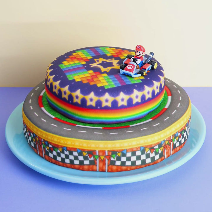 Mario Kart® on a two-tier World Circuit cake