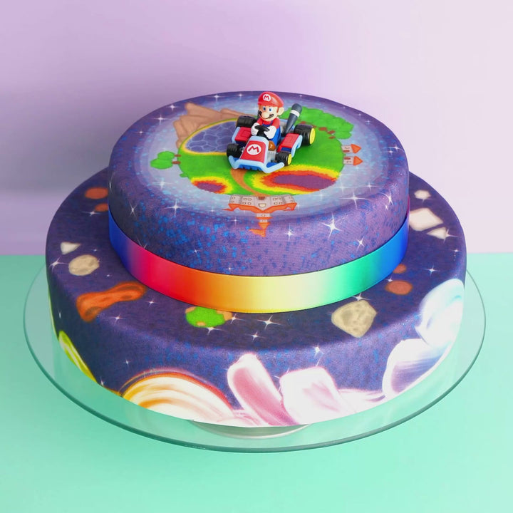 Mario Kart® on a two-tier painted planet cake