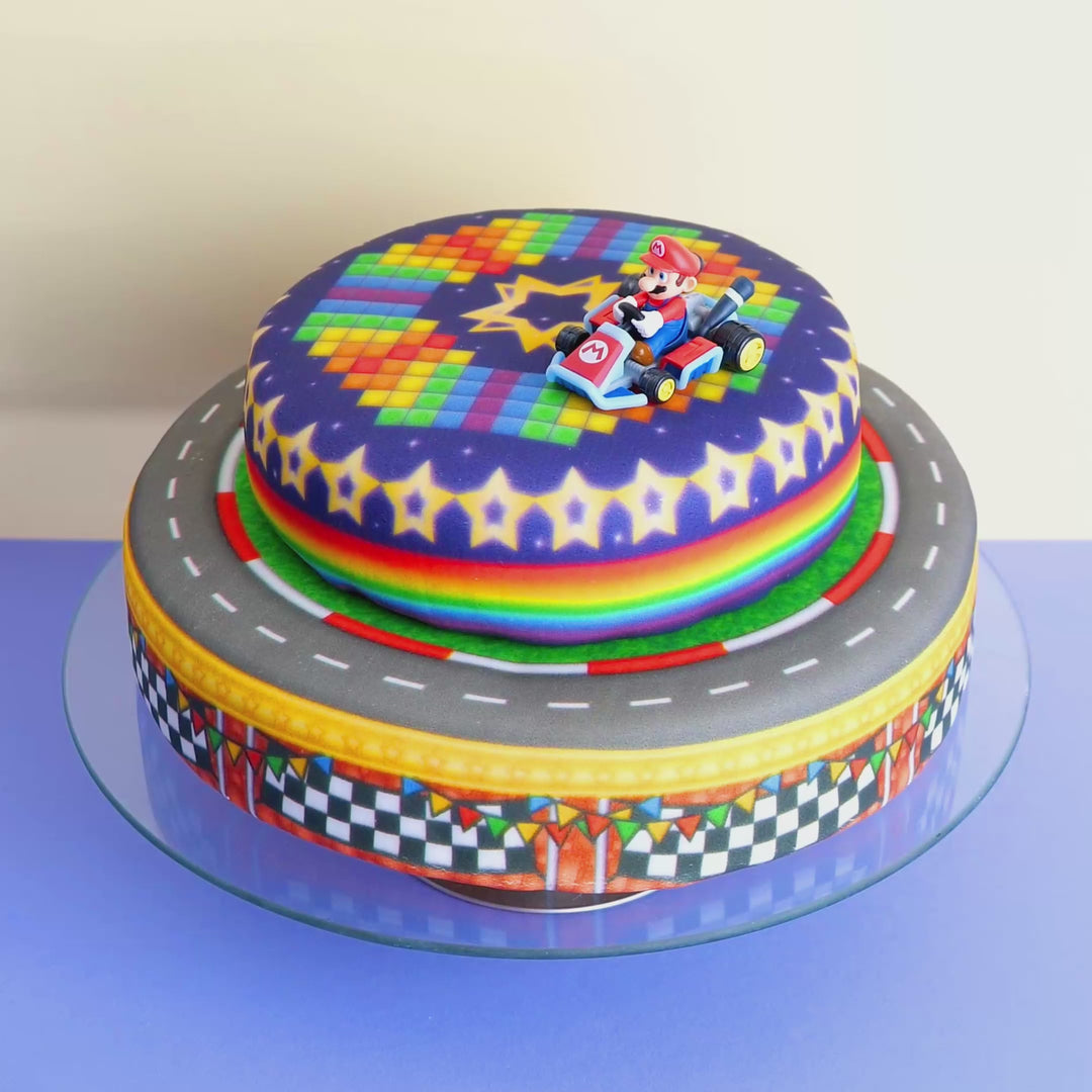 Mario Kart® on a two-tier World Circuit cake