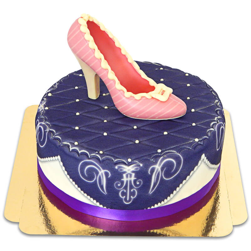 Purple Deluxe Cake with Chocolate Shoe and Ribbon