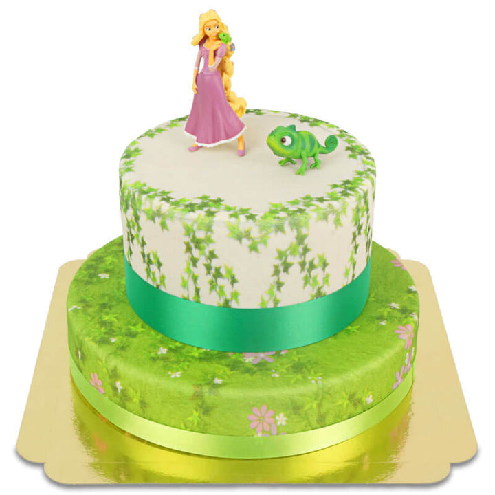 Rapunzel® and Pascal on a two-tier tower cake with ribbons