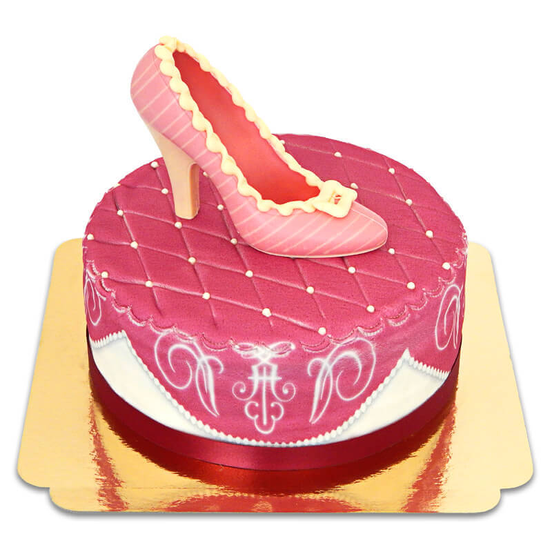 Deluxe Pink Cake with Chocolate Shoes and Ribbon