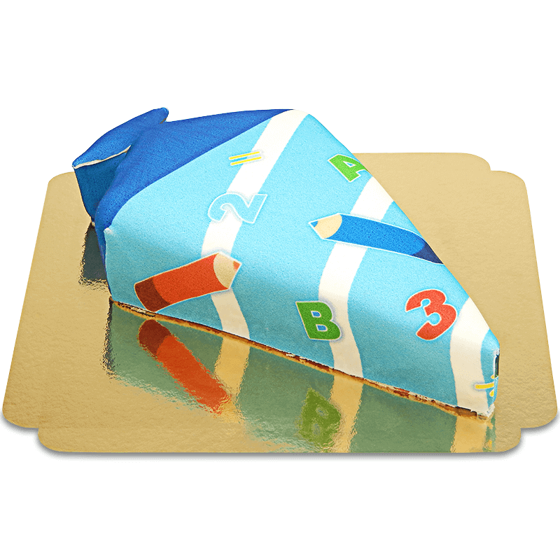 School cone cake with light blue pens