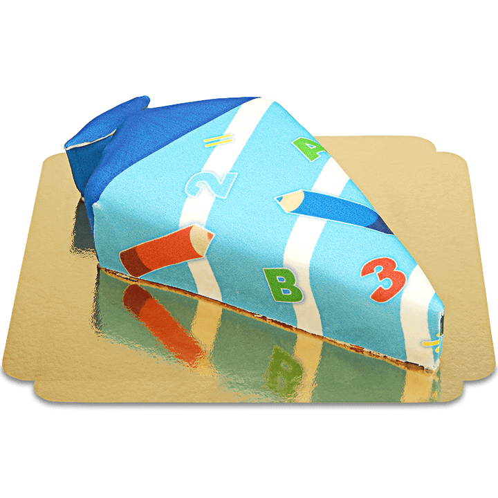 School cone cake with light blue pens