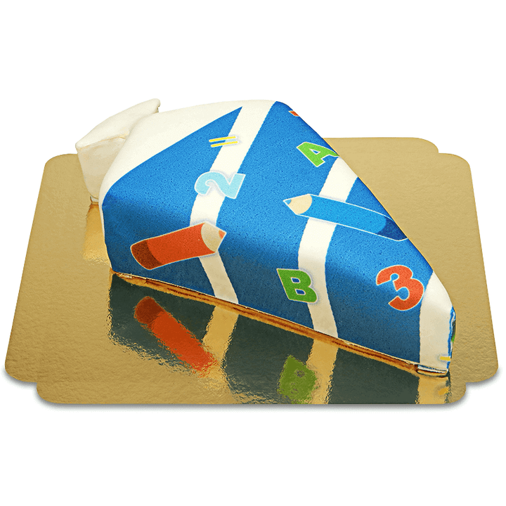 School bag cake with pens in dark blue