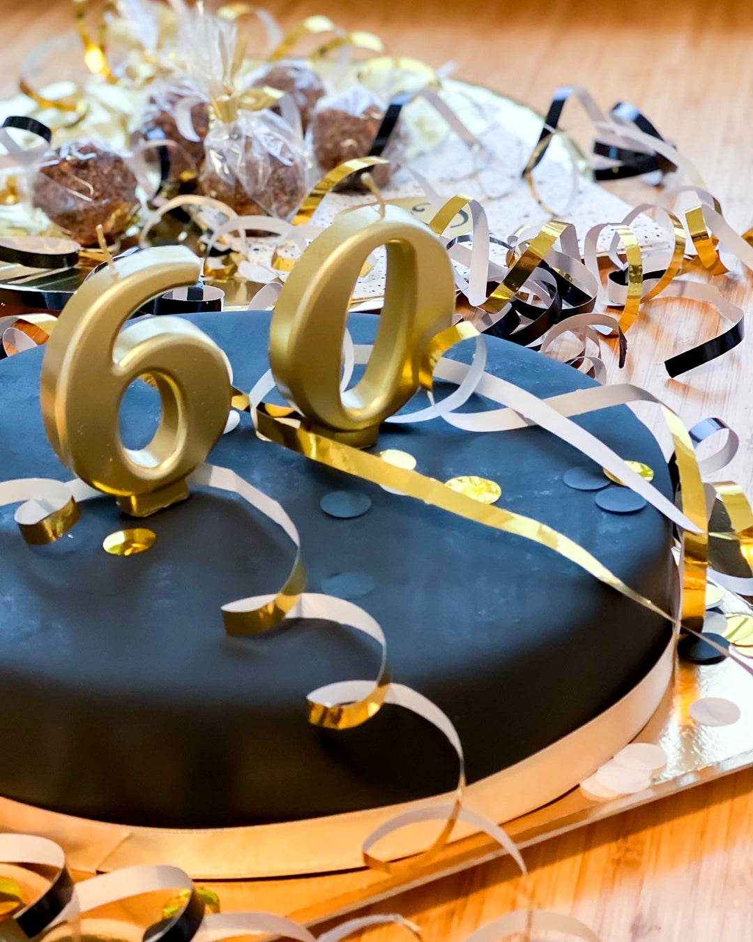 Black cake with cake ribbon