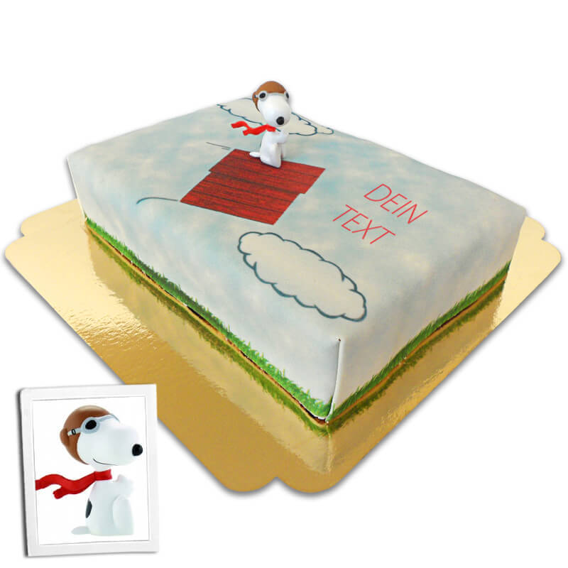 Snoopy® on a flying doghouse cake