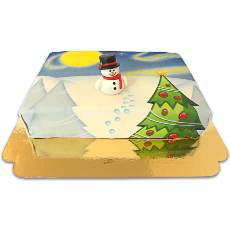 Sugar snowman on a winter landscape cake