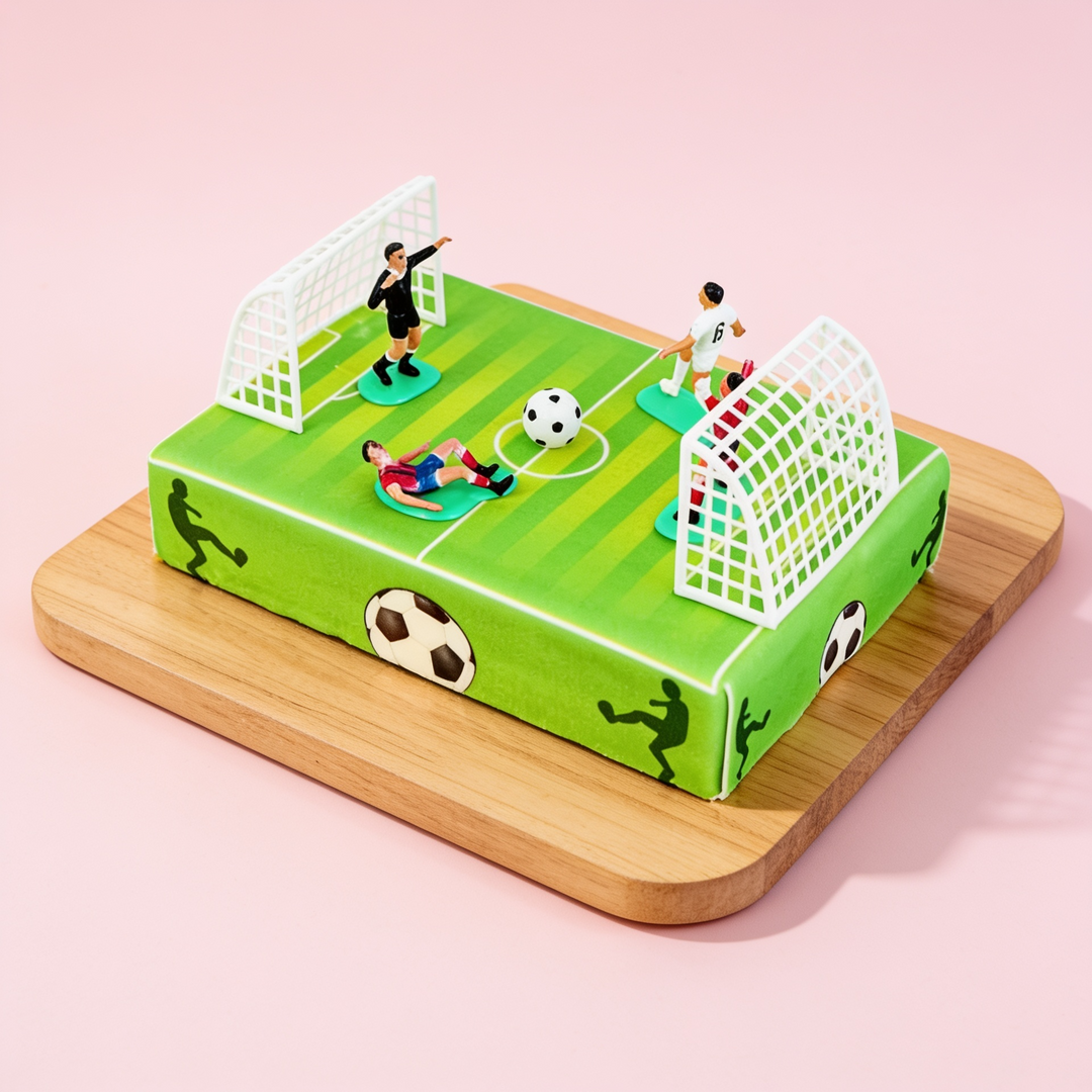 Football pitch cake with footballers