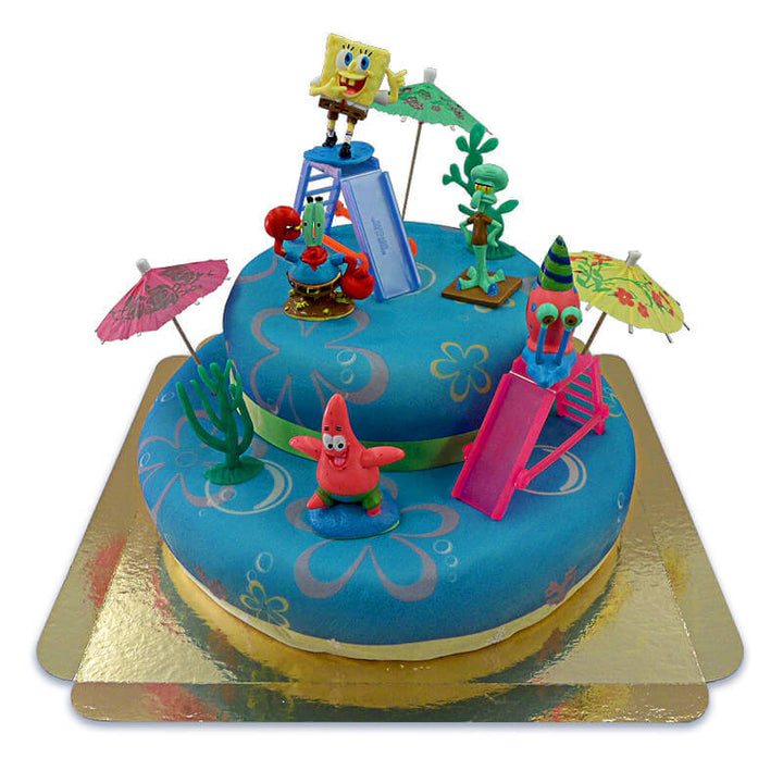 SpongeBob® & Patrick on a two-tier sea-themed cake with ribbon