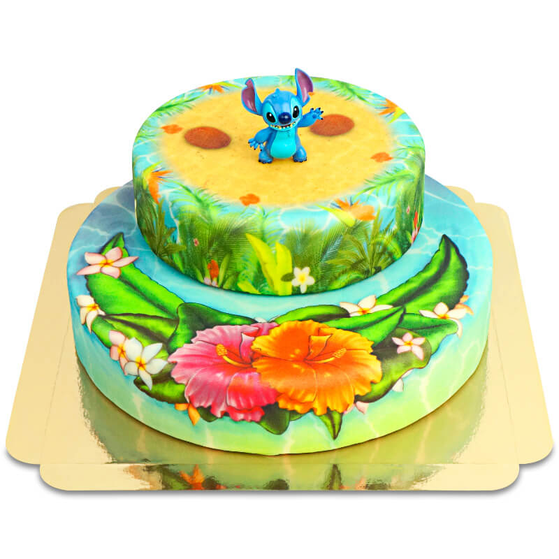 Stitch® on a 2-tier tropical beach cake