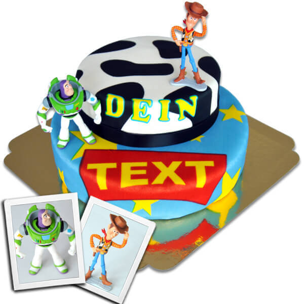 Cowboy Woody® & Buzz Lightyear® on a two-tier cake with ribbon