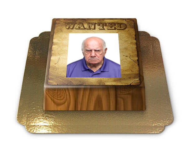Photo cake with ‘Wanted’ wooden frame