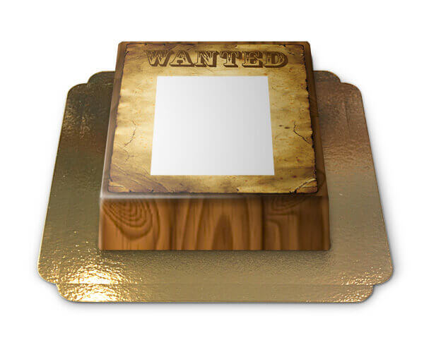 Photo cake with ‘Wanted’ wooden frame