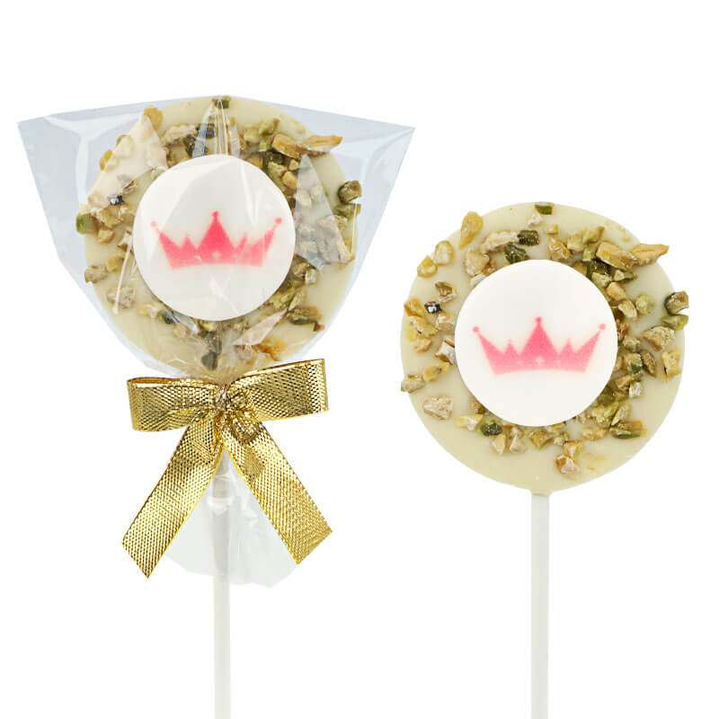 Lollipops with white chocolate & pistachios with logo (10 pieces)