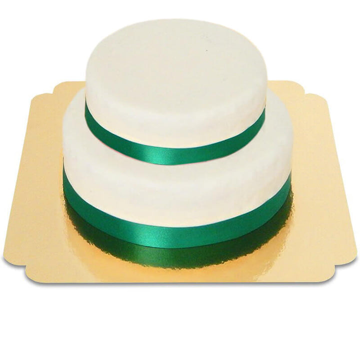 Two-tier white cake with cake ribbon