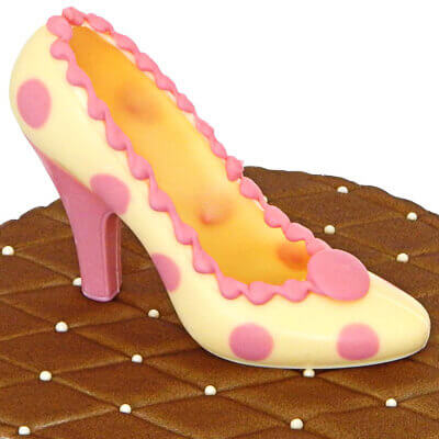 White chocolate shoe with pink dots