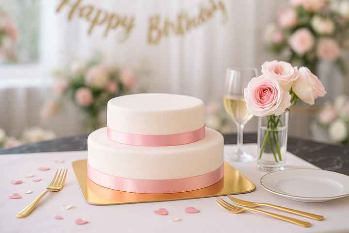 Two-tier white cake with cake ribbon